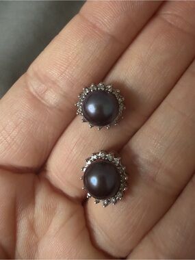 Authentic White Gold, Grey Pearl & Diamond Earrings